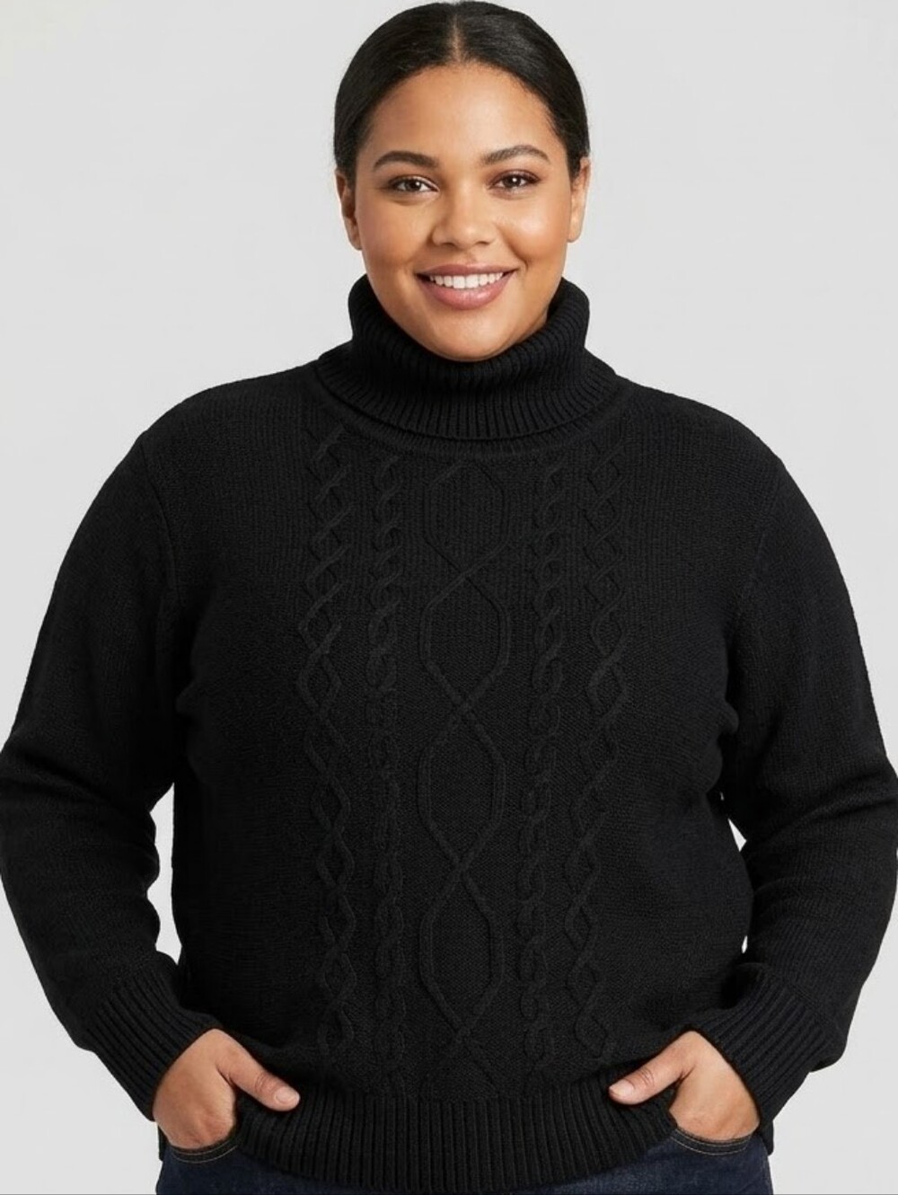 Woman Within Black Cable Knit Turtleneck Sweater